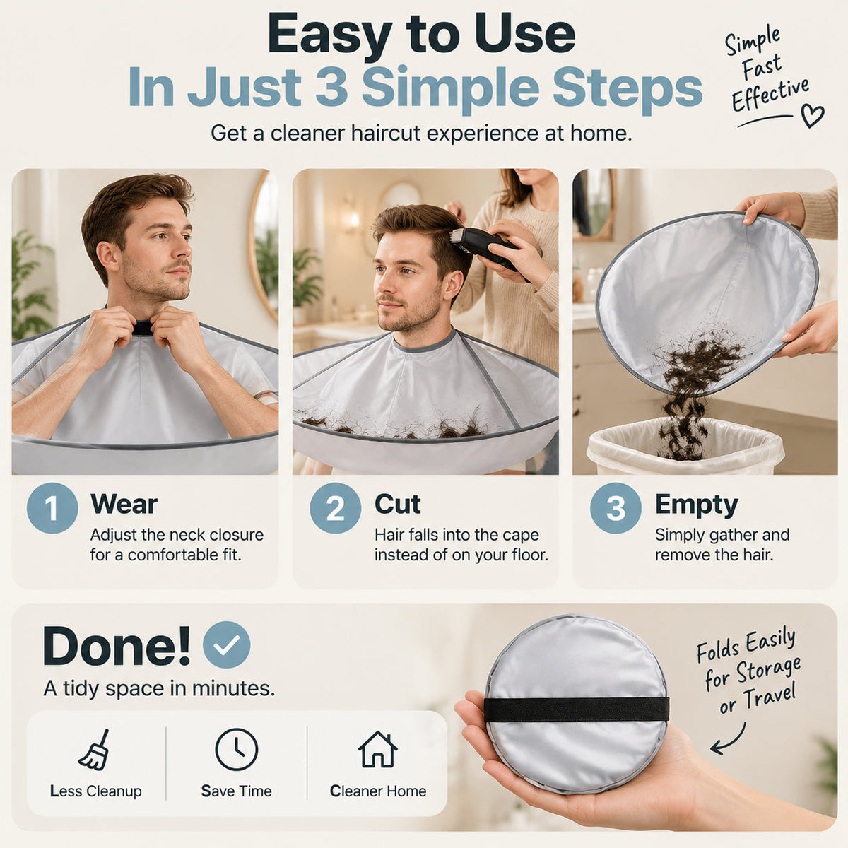 ✂️ Foldable Hair Catch Cape – Memory Steel Ring for Instant Mess-Free Grooming 🌀