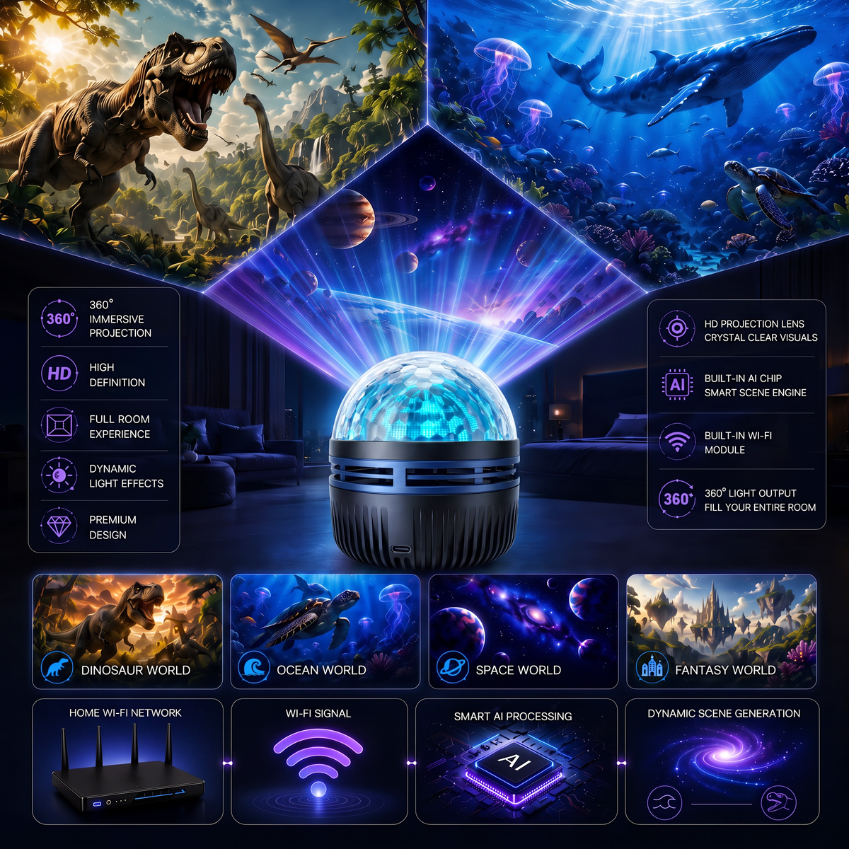 🔥 Limited-Time Offer! 50% OFF TODAY! 360° Smart Holographic Star Projector – HD 5D Dynamic Galaxy Experience