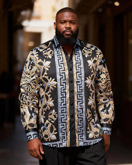 Big & Tall Men's Black Blue And Gold Greek Floral-Print Long Sleeve Shirt