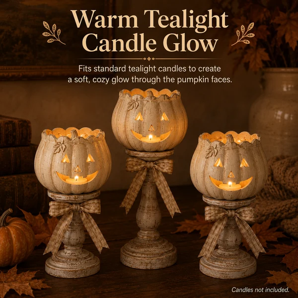🔥Halloween Early Bird Sale🎃Harvest Glow White Pumpkin Pedestal Tealight Holders - Set of 3