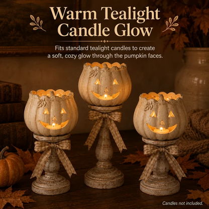 🔥Halloween Early Bird Sale🎃Harvest Glow White Pumpkin Pedestal Tealight Holders - Set of 3