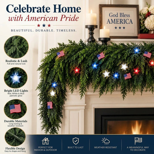 🎄Pre-Lit Patriotic Christmas Cedar Garland with LED Stars