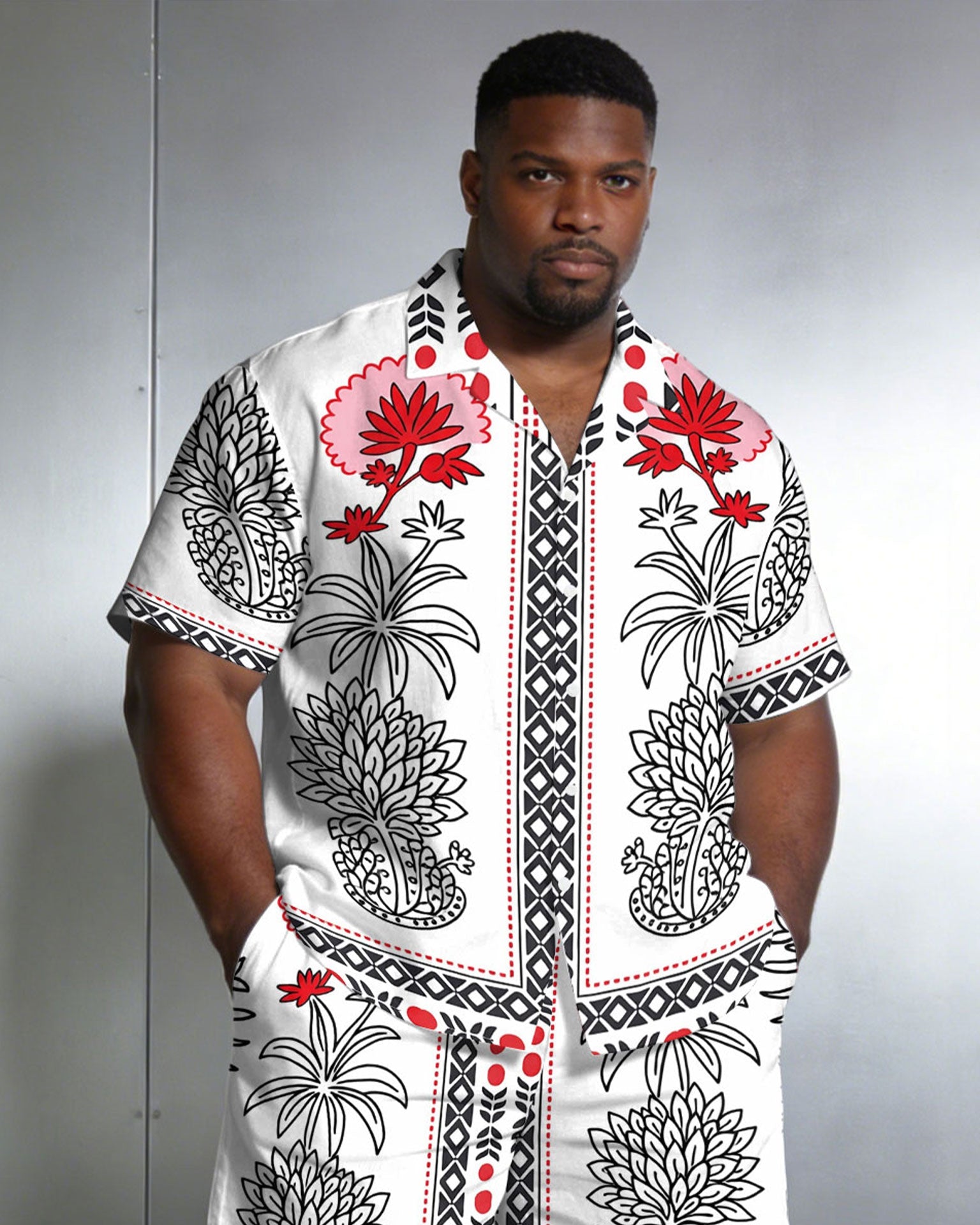 Men's Large Size Symmetrical Print Short Sleeve Shirt And Shorts Set