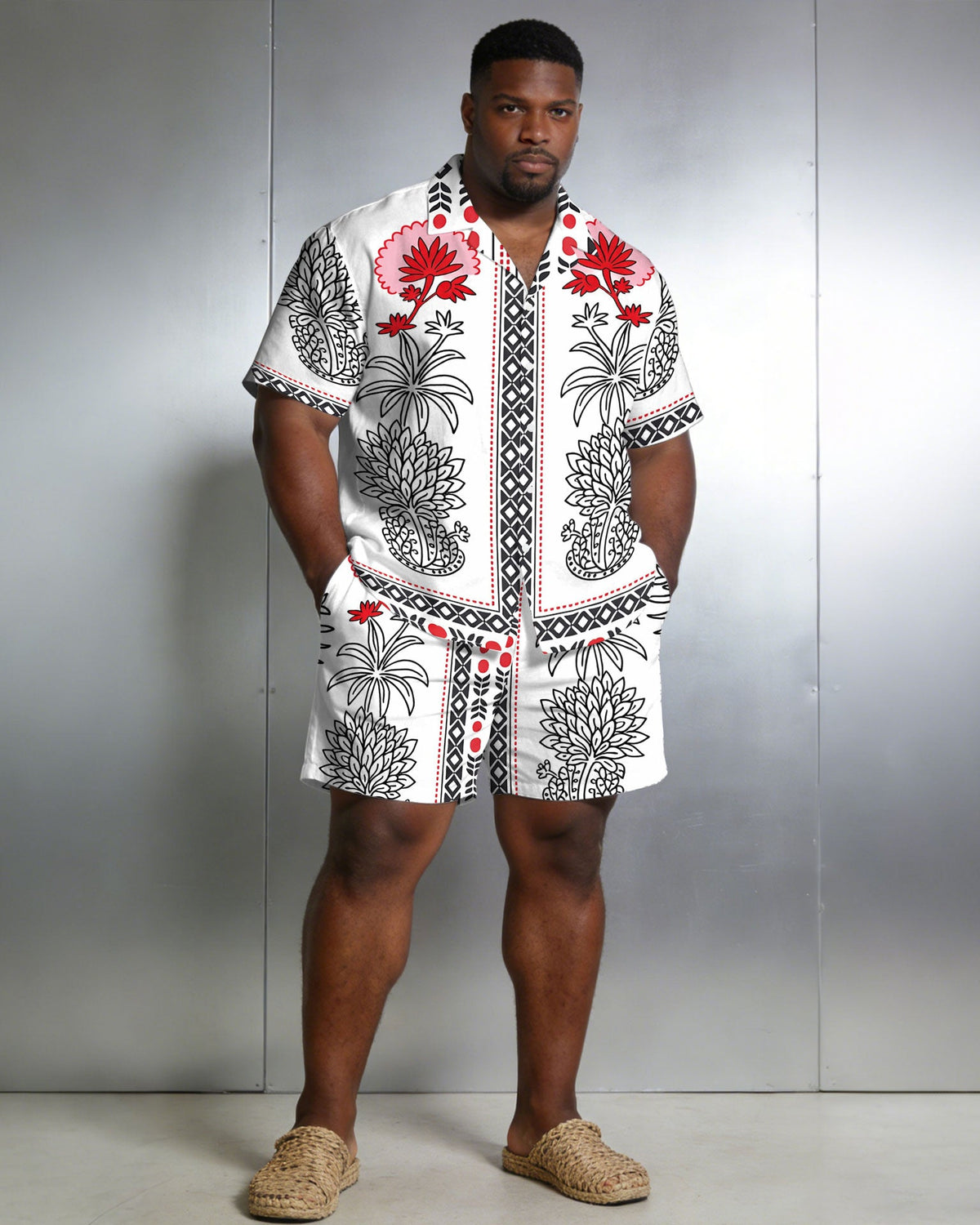 Men's Large Size Symmetrical Print Short Sleeve Shirt And Shorts Set