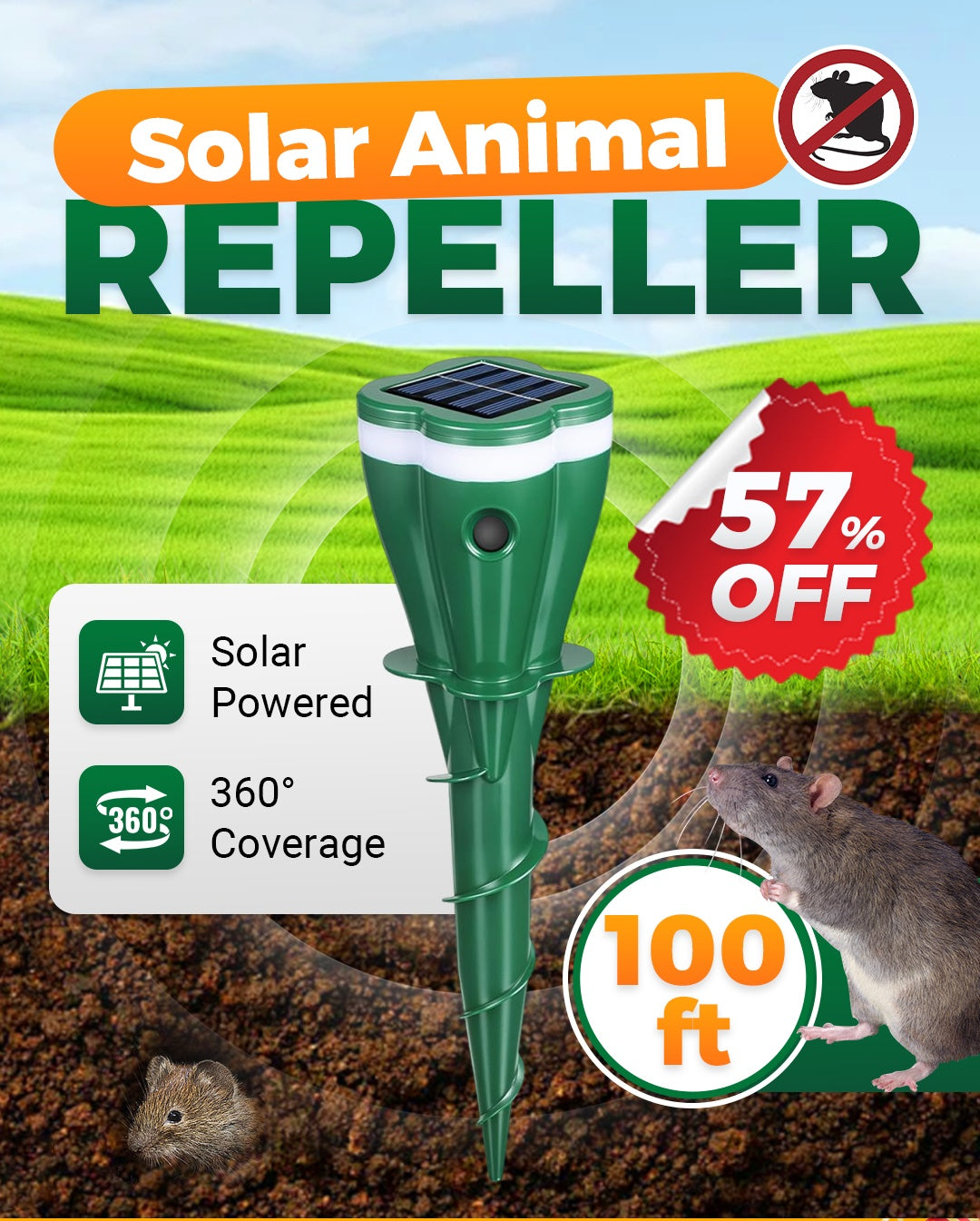 Outdoors Solar Powered Waterproof Screw Mole Repellent