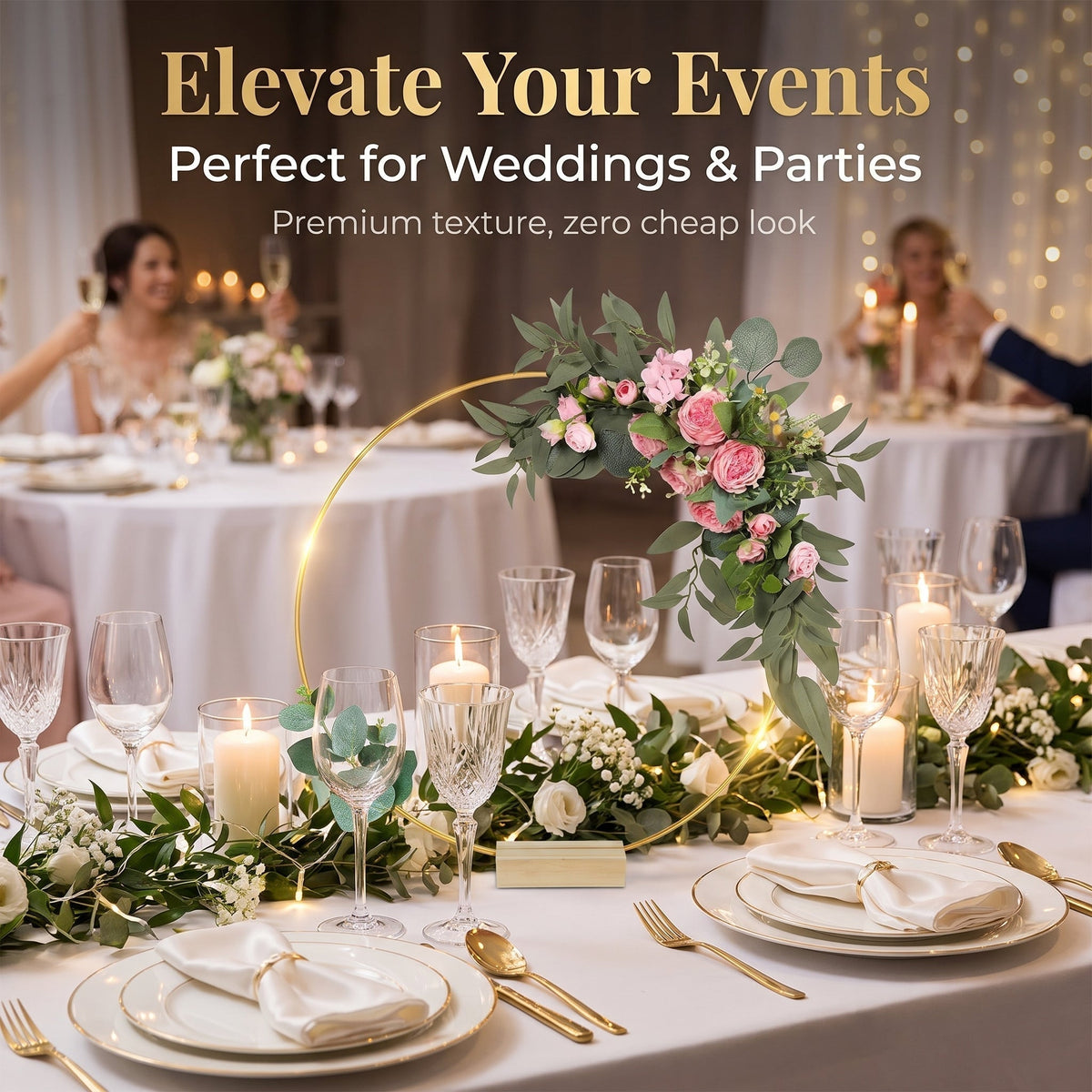 🌸 50% OFF! Gold Hoop Christmas Centerpiece with Wooden Stand & LED Lights – DIY Festive Table Decor