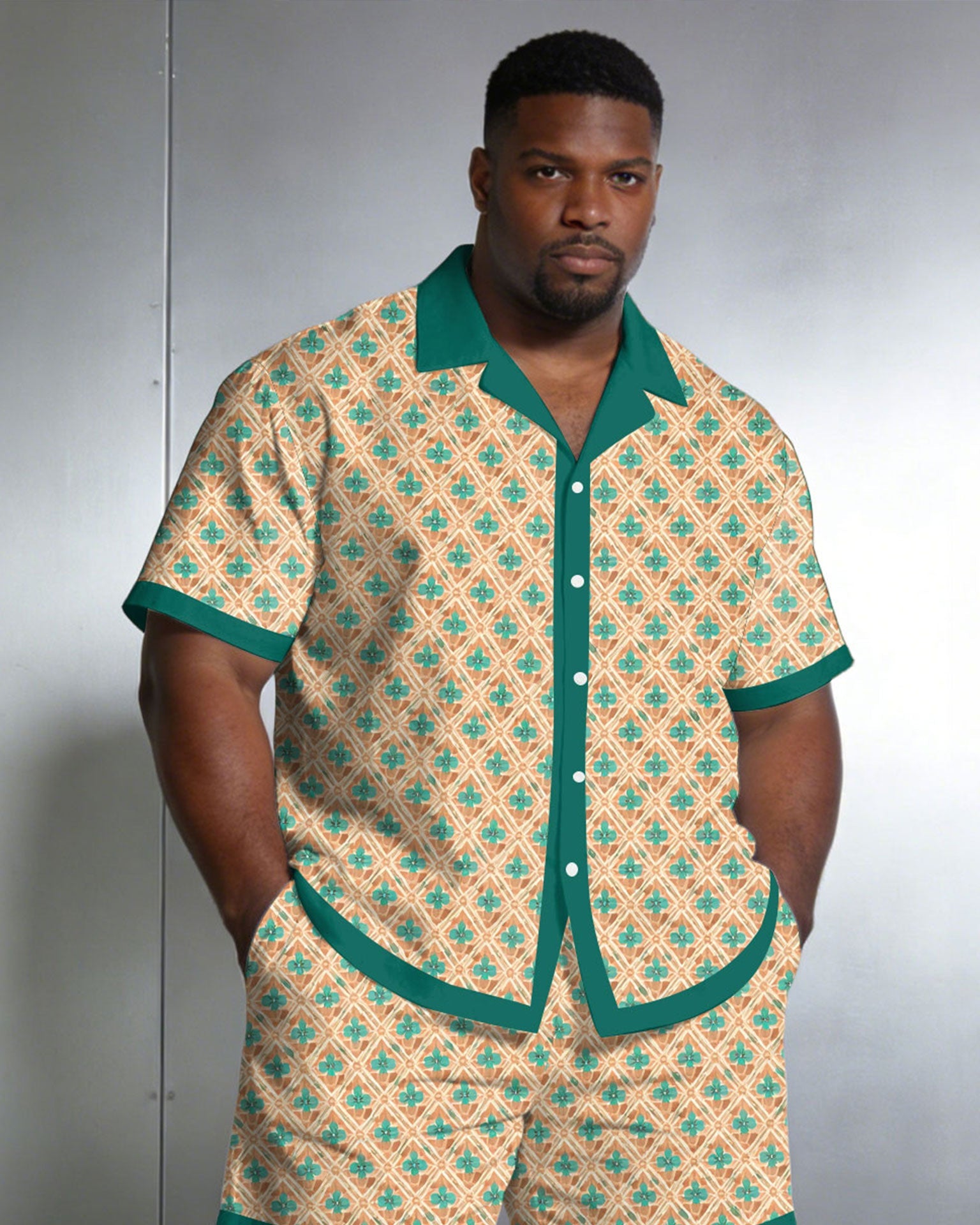 Men's Large Size Geometric Contrast Short Sleeve Shirt Shorts Set