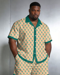 Men's Large Size Geometric Contrast Short Sleeve Shirt Shorts Set