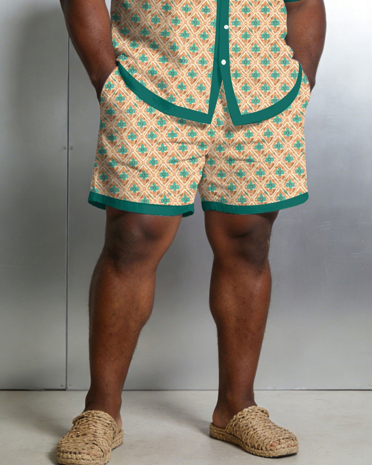 Men's Large Size Geometric Contrast Short Sleeve Shirt Shorts Set