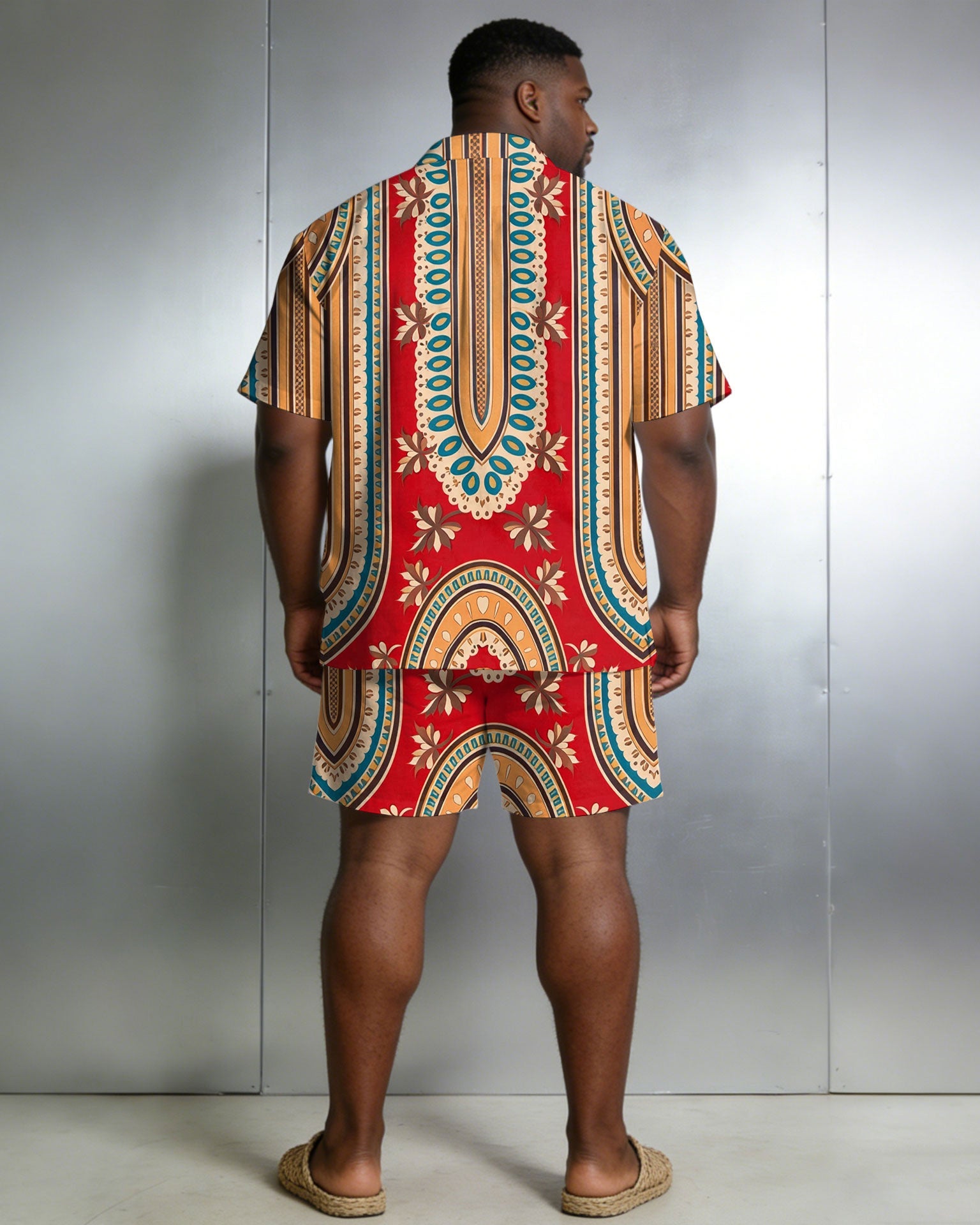 Men's Large Size Red Retro Short Sleeve Shirt Shorts Set