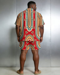 Men's Large Size Red Retro Short Sleeve Shirt Shorts Set