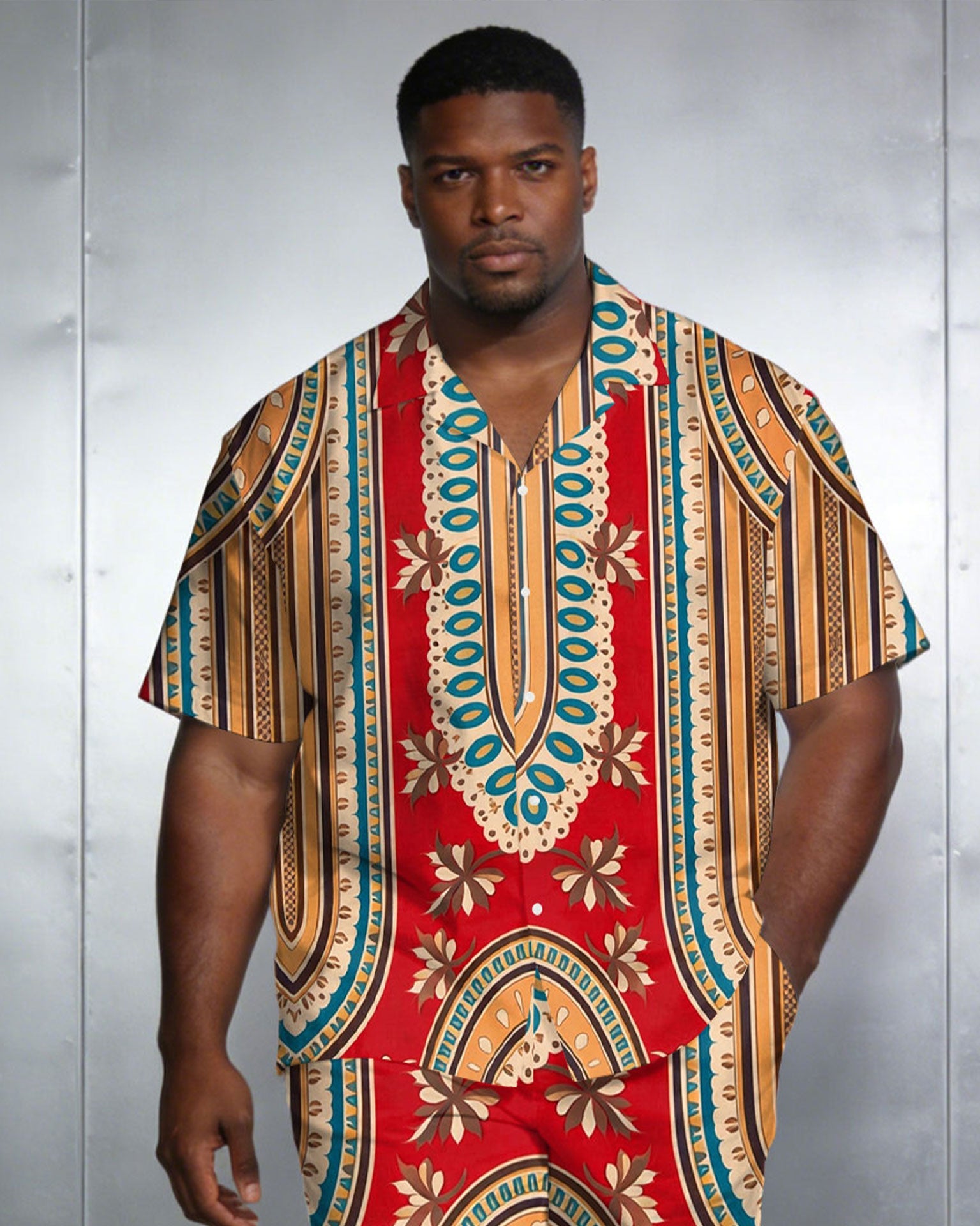 Men's Large Size Red Retro Short Sleeve Shirt Shorts Set