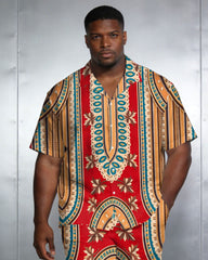Men's Large Size Red Retro Short Sleeve Shirt Shorts Set