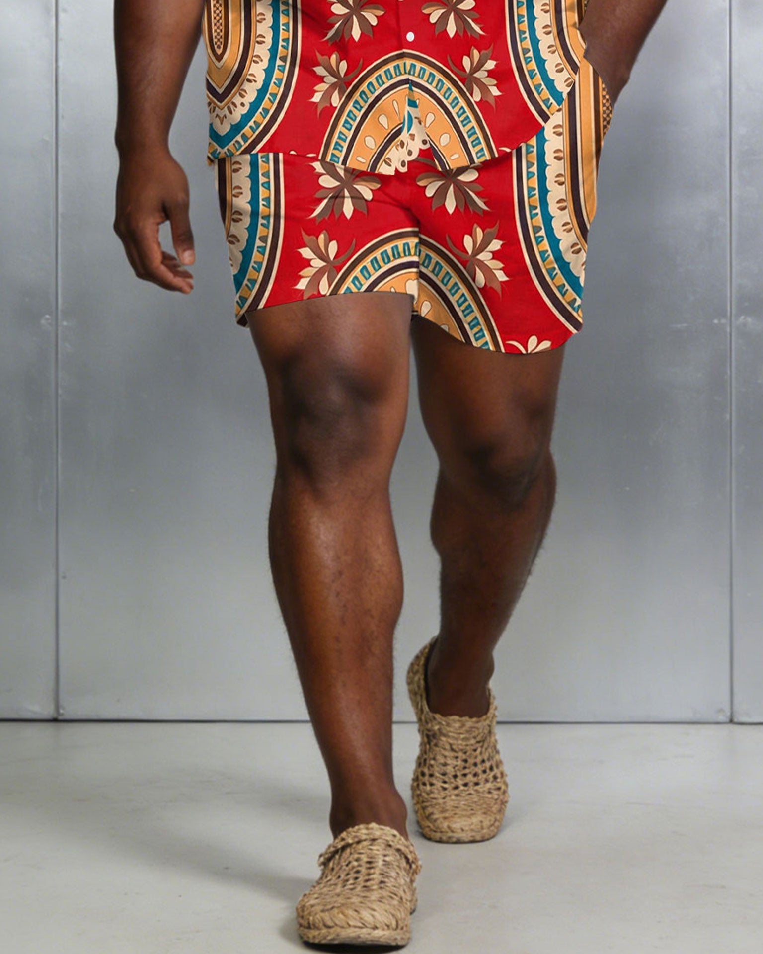 Men's Large Size Red Retro Short Sleeve Shirt Shorts Set