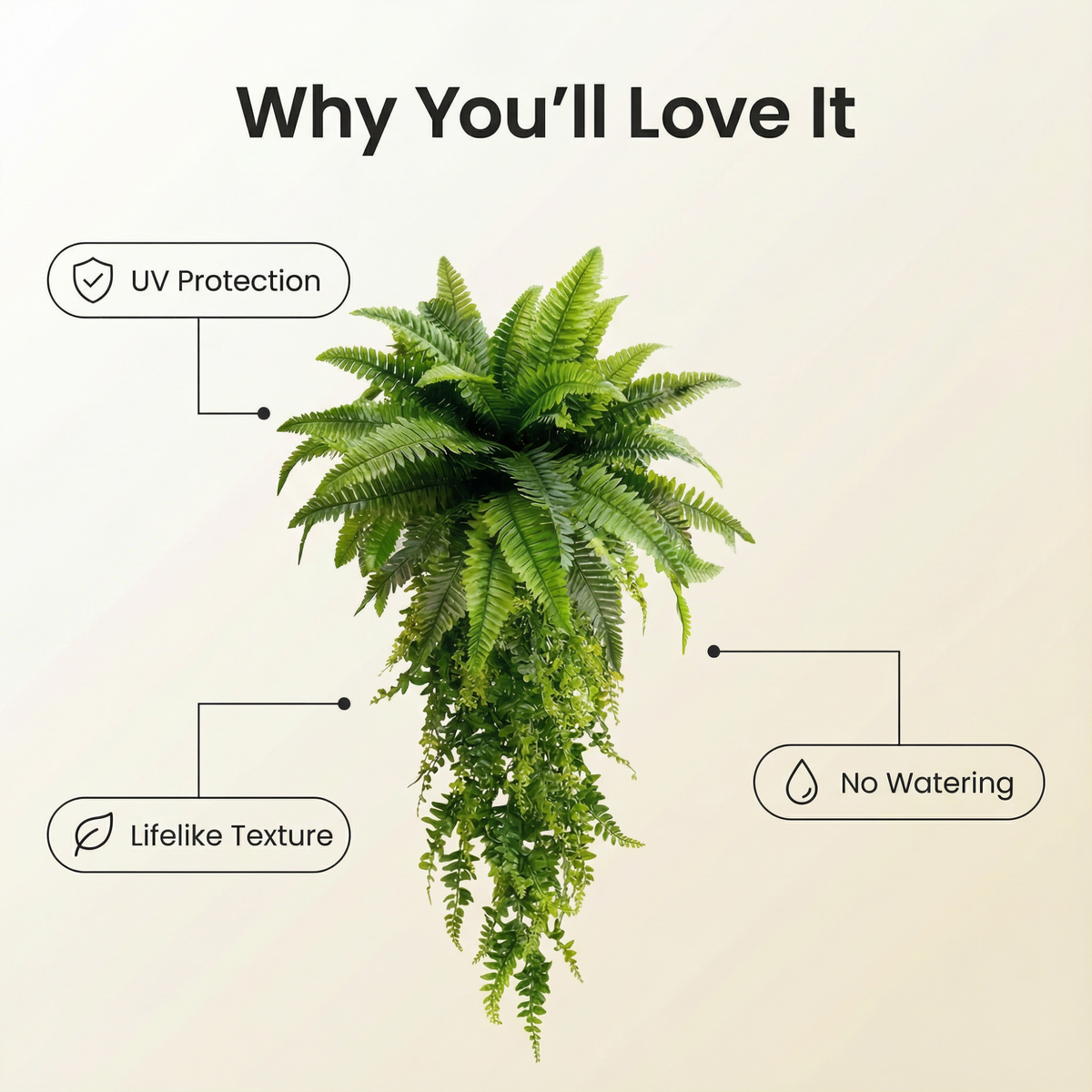 🌱 Boston Fern Hanging Plant — Lifelike, Large & UV-Resistant