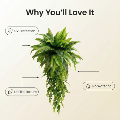 🌱 Boston Fern Hanging Plant — Lifelike, Large & UV-Resistant