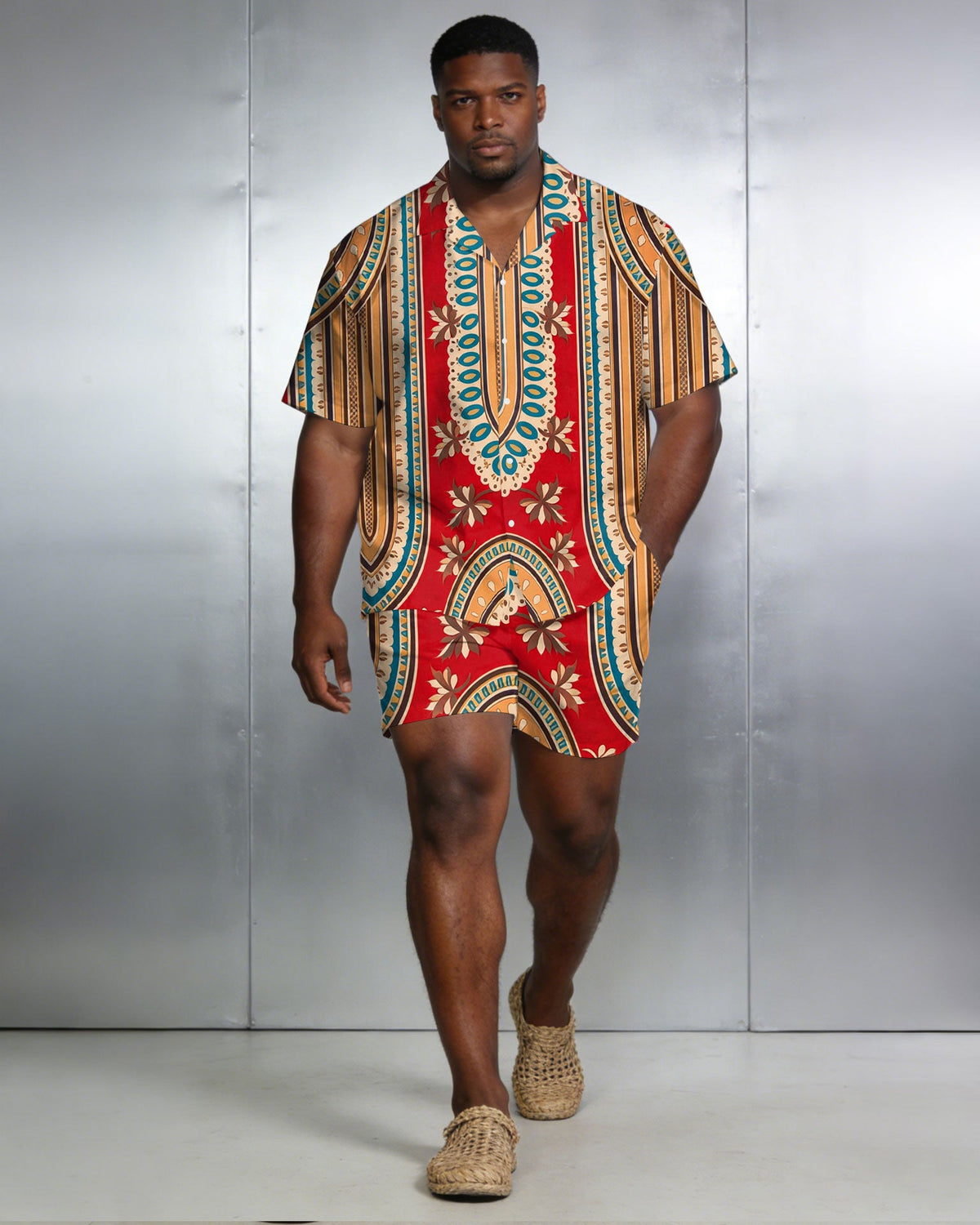 Men's Large Size Red Retro Short Sleeve Shirt Shorts Set