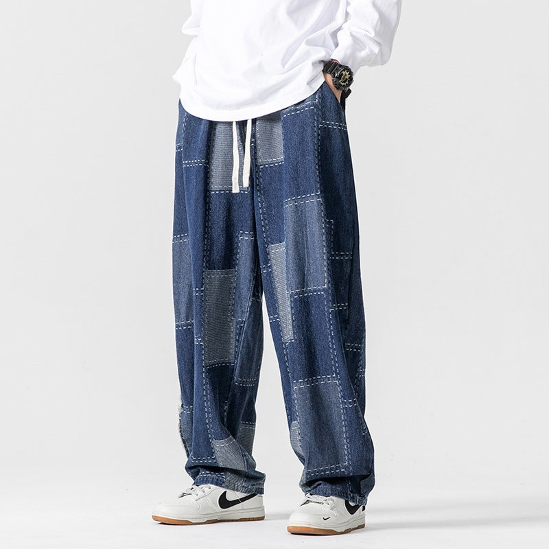 Men's Plus Size Japanese Vintage Patch Jacquard Jeans