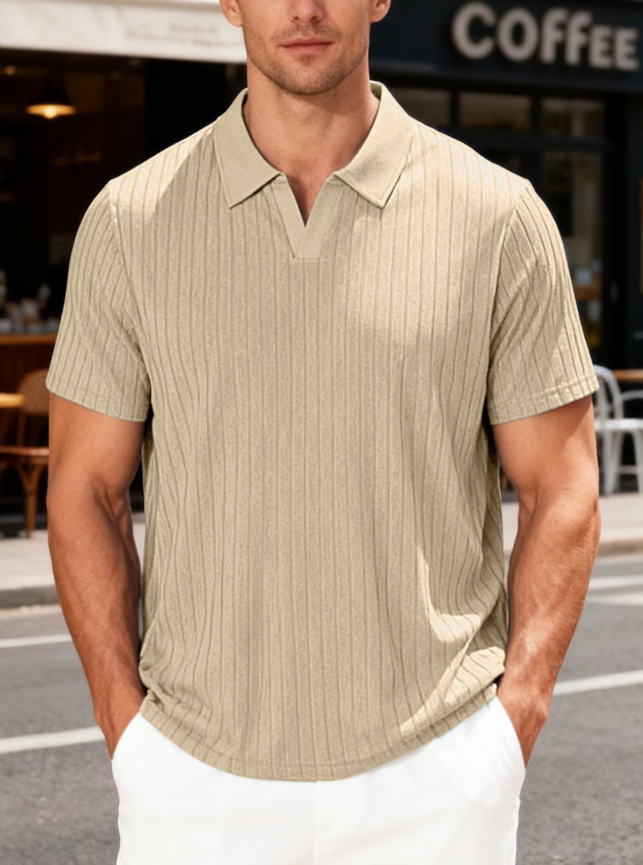 S-3XL Breathable Jacquard Striped V-Neck Short-Sleeve Lel T-Shirt