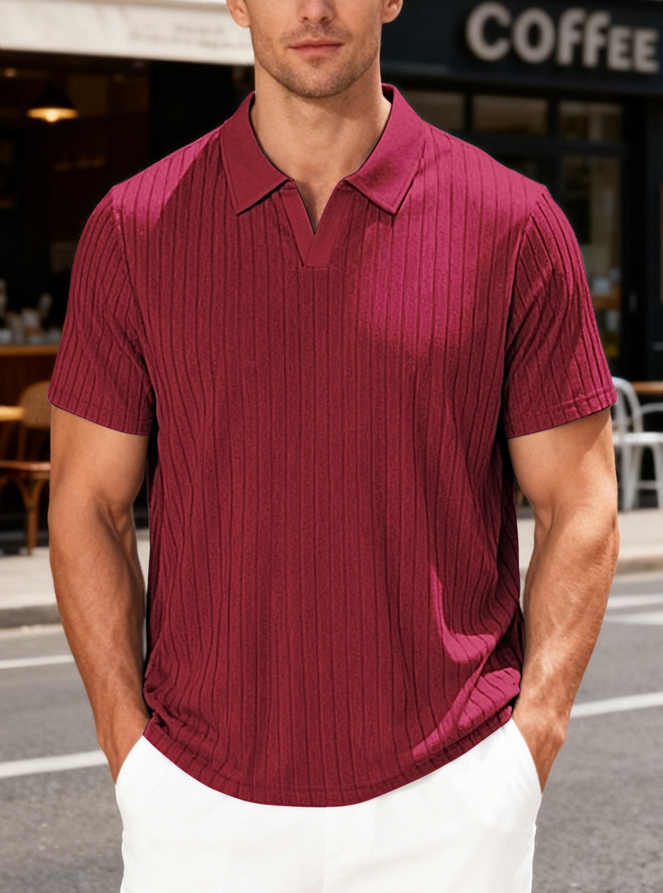 S-3XL Breathable Jacquard Striped V-Neck Short-Sleeve Lel T-Shirt