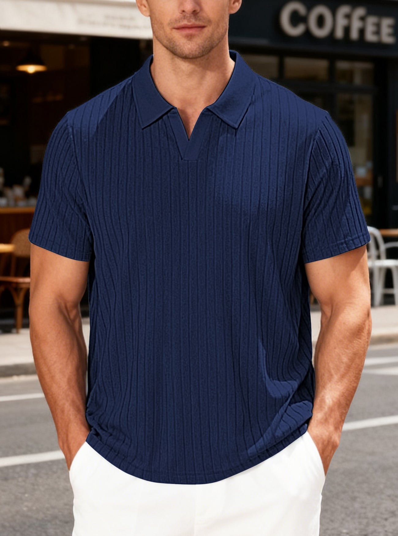 S-3XL Breathable Jacquard Striped V-Neck Short-Sleeve Lel T-Shirt