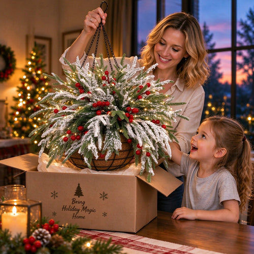 🎄🏆 Christmas Hot Sale! ✨ Pre-Lit Snowflake Pine & Red Berry Hanging Basket 🌿