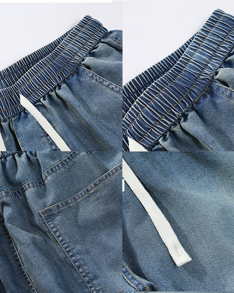 Men's Large Size Washed Distressed Solid Color Denim Pants XL-10XL