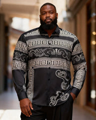 Big & Tall Men's Black And White Geometric Cashew Flower Stitching Printed Long Sleeve Shirt