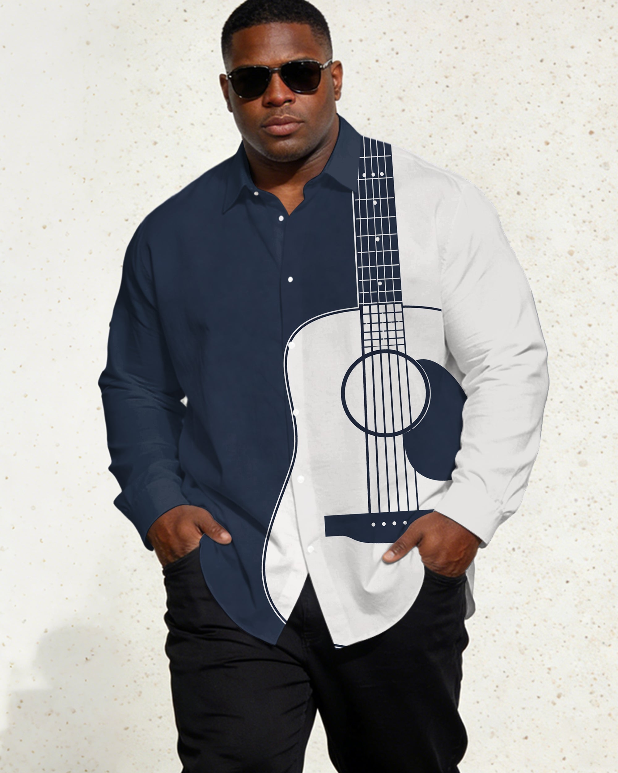 Men's Large Size Royal Blue, White Music Guitar Long Sleeve Lap Shirt