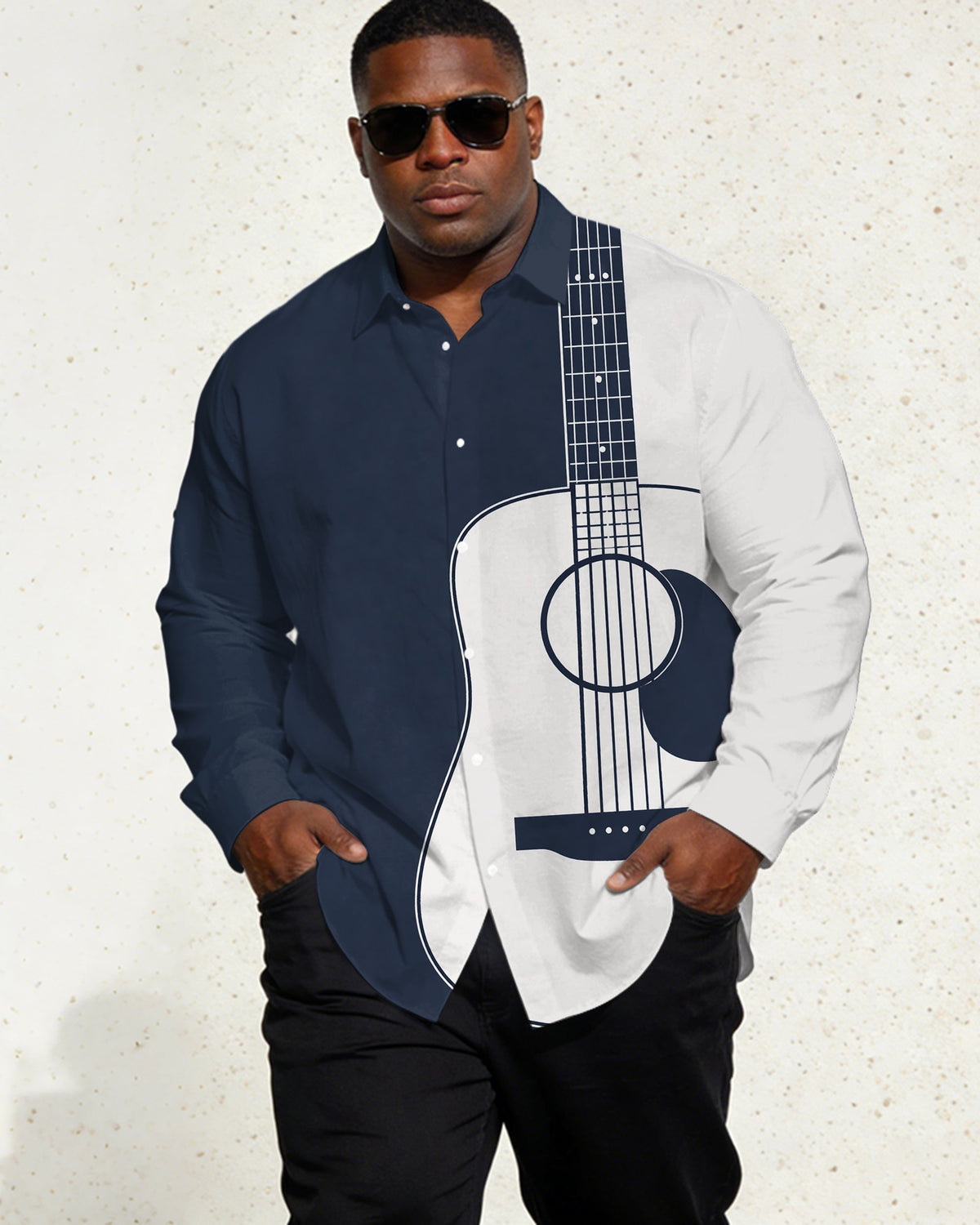 Men's Large Size Royal Blue, White Music Guitar Long Sleeve Lap Shirt