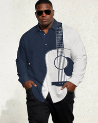 Men's Large Size Royal Blue, White Music Guitar Long Sleeve Lap Shirt
