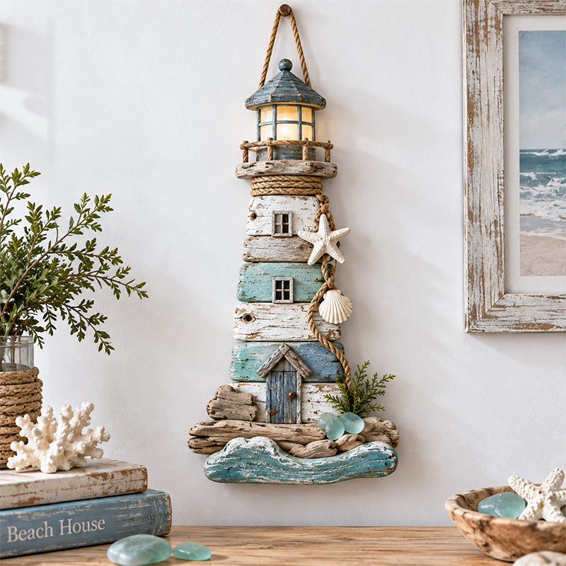 🌊🏠 Coastal Driftwood Lighthouse Wall Decor – Rustic Beach House Hanging Accent