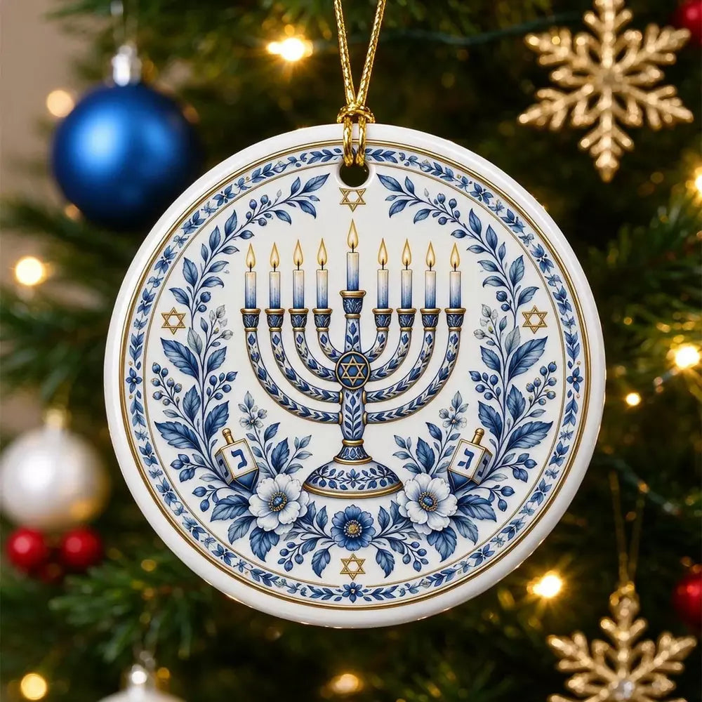 Blue & White Hanukkah Menorah Ceramic Ornament