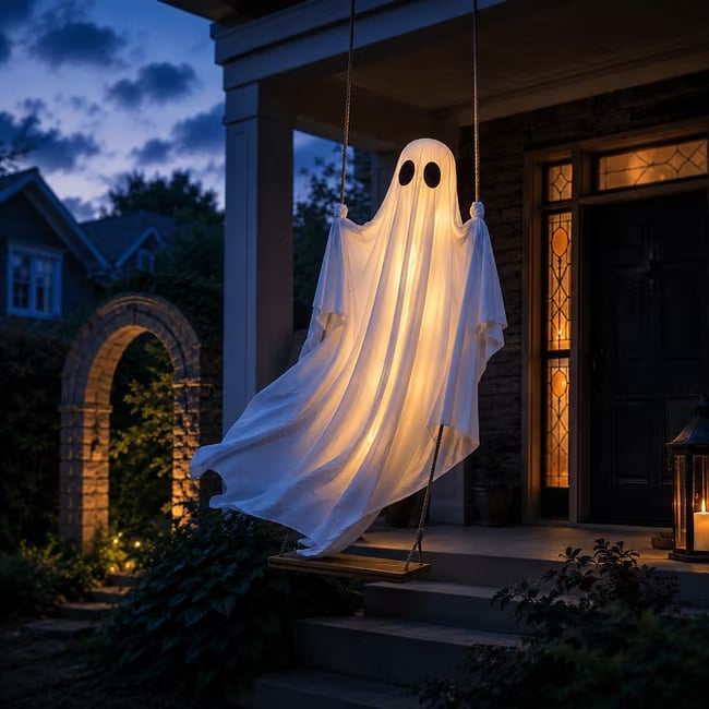 👻 Halloween Light-Up Hanging Swing Ghost – Spooky Porch & Yard Decoration 🎃