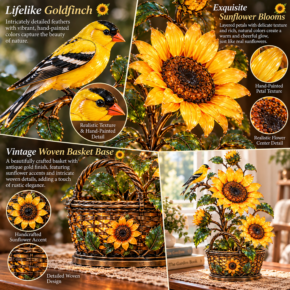 ⏰Limited Stock 50% OFF - 🌻 Golden Sunflower & Goldfinch Basket Lamp | Lighted Floral Table Decor ✨