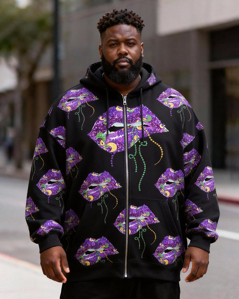 Big & Tall Men's Sparkling Purple-Lip Print Zip Hoodie
