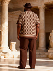 Big & Tall Men's Dark Brown Geometric Jacquard Print Short Sleeve Shirt Pants Set