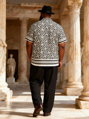 Big & Tall Men's Black And White Patchwork Printed Short Sleeve Shirt Trousers Suit