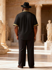 Big & Tall Men's Black Gold Trim Light Luxury Printed Short-sleeved Shirt Pants Set