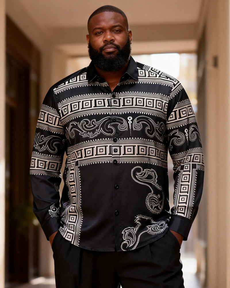 Big & Tall Men's Black And White Geometric Cashew Flower Stitching Printed Long Sleeve Shirt
