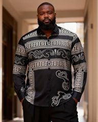 Big & Tall Men's Black And White Geometric Cashew Flower Stitching Printed Long Sleeve Shirt