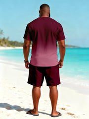 Big & Tall Men's Wine Red Gradient Coconut Printed Round Neck Short Sleeve T-shirt Shorts Set