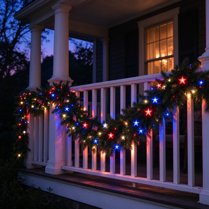 🏆Patriotic Christmas Garland with Star Lights-⭐Light Up Your American Christmas