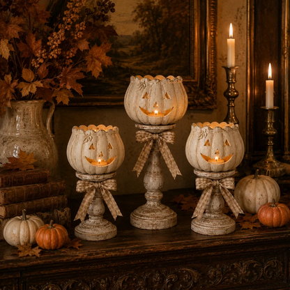 🔥Halloween Early Bird Sale🎃Harvest Glow White Pumpkin Pedestal Tealight Holders - Set of 3