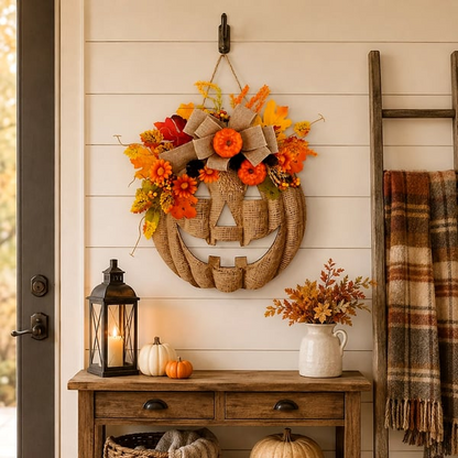 Lighted Burlap Pumpkin Wreath