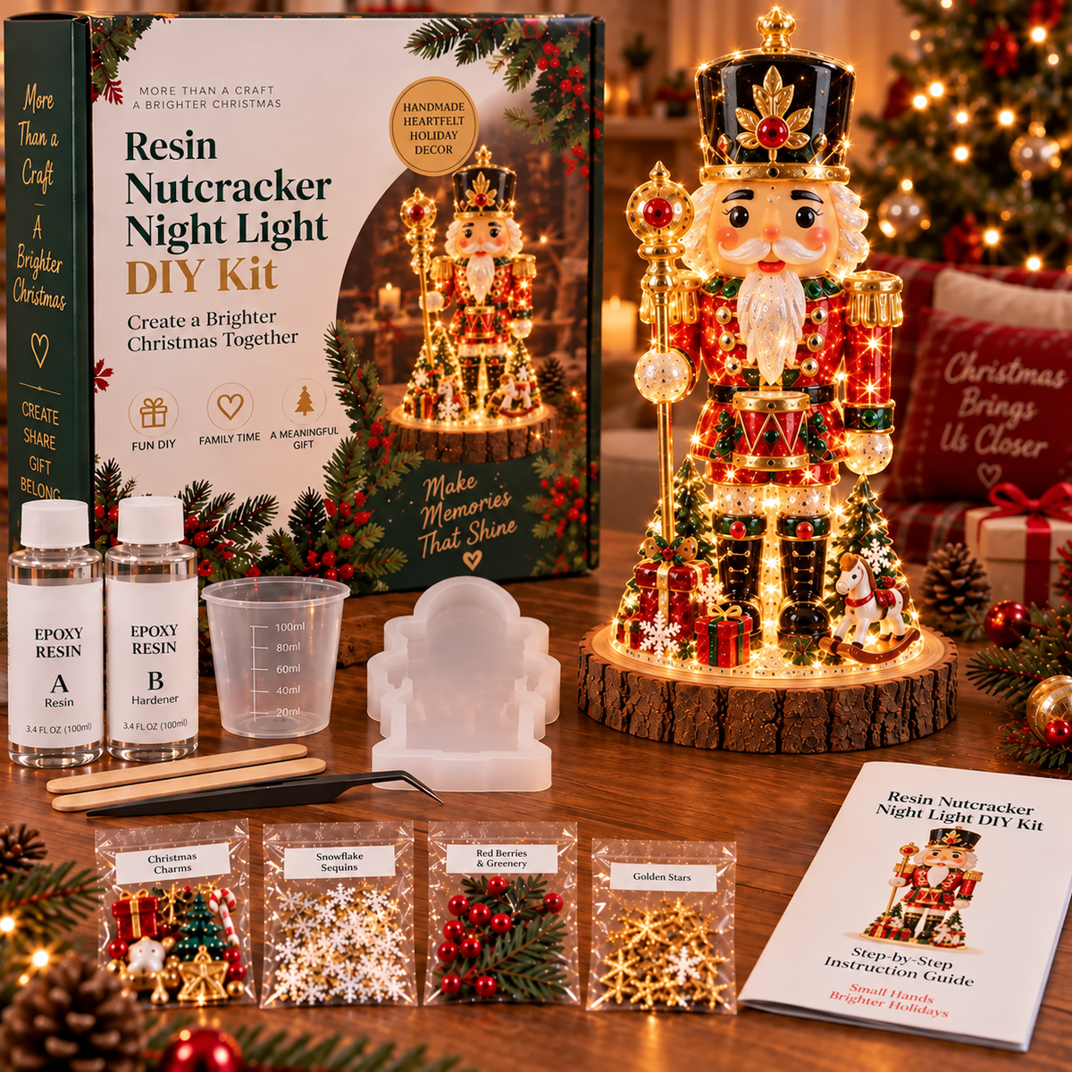 ⏳ Last Day 49% OFF – 🎄Beginner-Friendly Resin Christmas Tree Night Light DIY Kit | Mold, Resin, Fairy Lights & Festive Decorations Included ✨