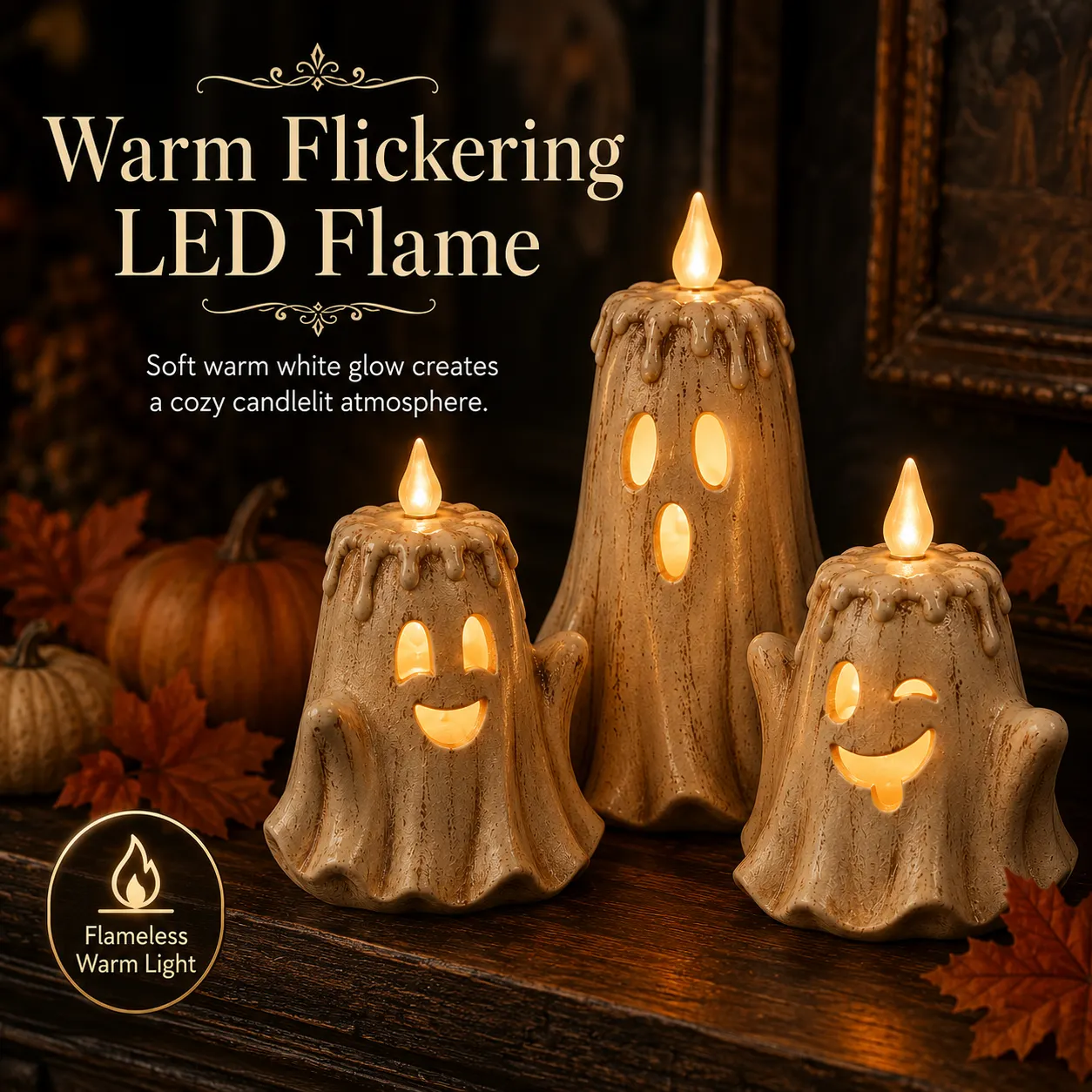 🔥Halloween Early Bird Sale🎃3-Piece Halloween Ghost Flameless Candle Set withRemote Timer