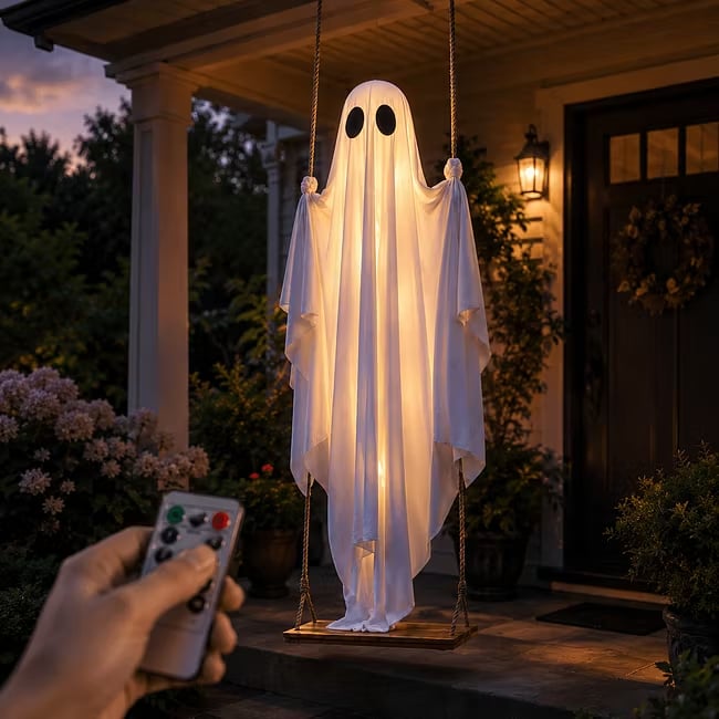 👻 Halloween Light-Up Hanging Swing Ghost – Spooky Porch & Yard Decoration 🎃