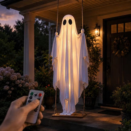 👻 Halloween Light-Up Hanging Swing Ghost – Spooky Porch & Yard Decoration 🎃