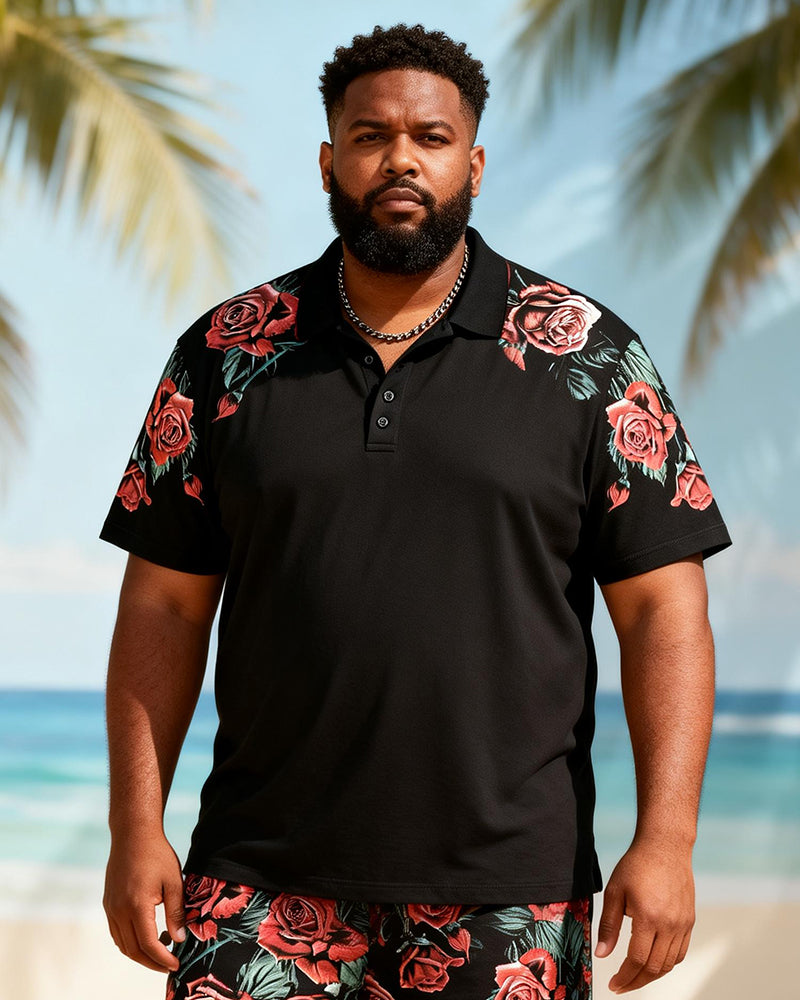 Big & Tall Men's Black Rose Floral Print Short Sleeve Polo Shirt